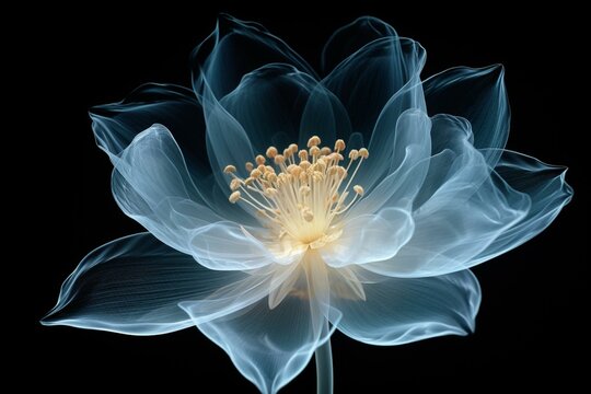 Isolated flower x-ray image on black background, resembling a lotus. Generative AI
