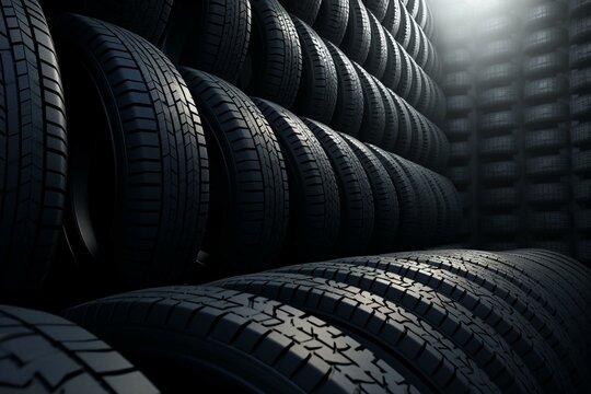 An extensive collection of automobile tires stacked together. CGI visualization. Generative AI