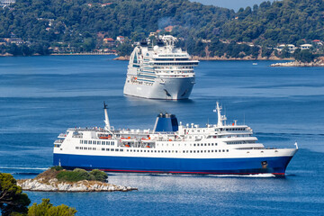 Cruise ship, ferry and boats in the Mediterranean Sea Aegean island of Skiathos, Greece