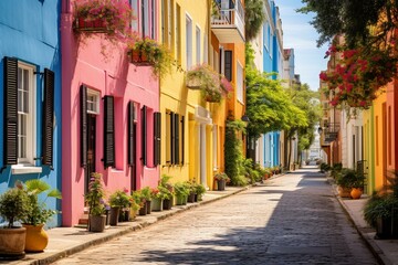Fototapeta na wymiar vivid multicolor street, Charleston, South Carolina. Generative AI