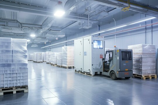 Refrigerated storage area inside factory with boxes near freezer. Generative AI