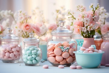 Fototapeta na wymiar Photo of a colourful display of candy-filled glass jars on a table ready for a baby shower - created with Generative AI technology