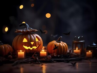 Halloween decorations background. Pumpkins on a dark background. Holiday Halloween. Ai Generative