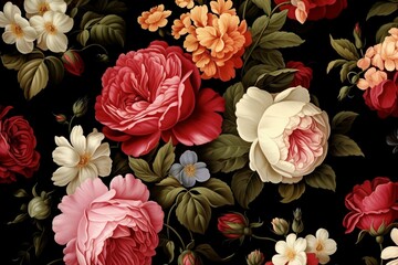 Victorian era floral print with vintage English roses on black background. Generative AI