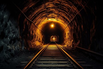 Fototapeta na wymiar Nighttime passage through a railway tunnel. Generative AI