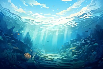 Fototapeta na wymiar Illustration showcasing waves and underwater landscape against a blue backdrop. Generative AI