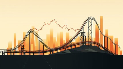 Minimalistic 2D Illustration of a Stock Market Roller Coaster: A simplified roller coaster track with stock price charts - obrazy, fototapety, plakaty