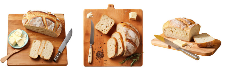 Fresh bread butter and knife on a transparent background
