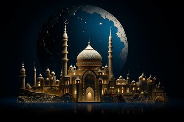 Glowing crescent moon with mosque carving against a dark night sky in 3D, representing Islamic religious art. Generative AI