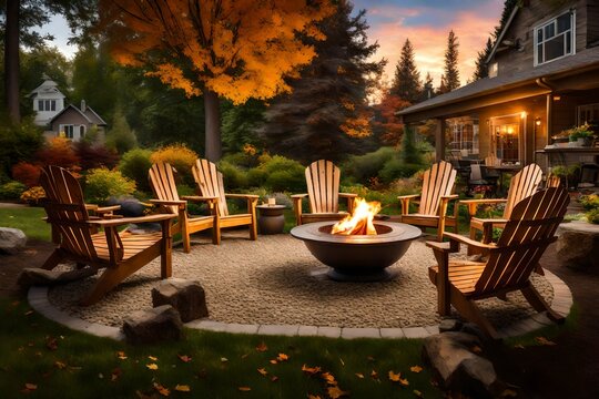 Outdoor Fire Pit In The Backyard, With Lawn Chairs 
 Is A Wonderful Way To Enjoy Late Summer Or Autumn Nights With Family And Friends. 