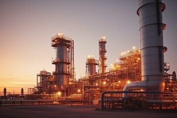 Evening oil refinery in a desert, industrial machinery for gas production. Generative AI