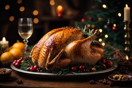 Christmas roasted turkey with cranberries and oranges on rustic wooden table