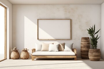 A minimalist living space with a vacant wall frame, trendy boho-style decoration, and wooden furniture and seating. Generative AI