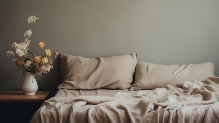 Generative AI, Relaxing bedroom detail of bed with natural linen textured bedding, muted neutral aesthetic colors
