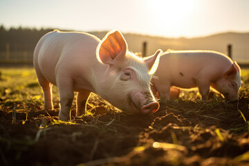 Organic Farm Bliss Happy Pigs Grazing in a Lush Meadow on a Sustainable Meat Farm. created with Generative AI