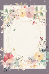 Fototapeta na wymiar Colorful floral decoration illustration background template, creative arrangement of nature and flowers. Good for banner, wedding card invitation draft, greetings, and design element. Generative AI.