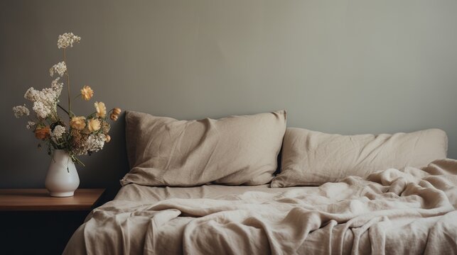 Generative AI, Relaxing bedroom detail of bed with natural linen textured bedding, muted neutral aesthetic colors