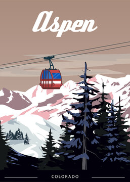 Travel resort Aspen Ski poster retro. Colorado USA winter landscape travel card