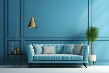 Interior of living room with vintage vibe, blue sofa, white flooring, and blue wall. 3D rendering. Generative AI