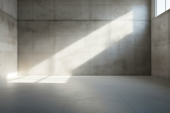 Empty modern concrete room with sunlight shadow. Industrial exterior background. Generative AI