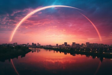 Fototapeta na wymiar A colorful arc in the sky above an urban area. Generative AI