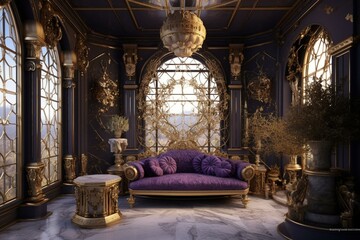 Opulent space with gold & purple palette, intricate patterns. Generative AI