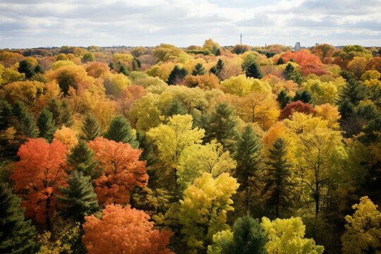 Autumn foliage in the treetops of Toronto's forest on the outskirts of the city. Generative AI