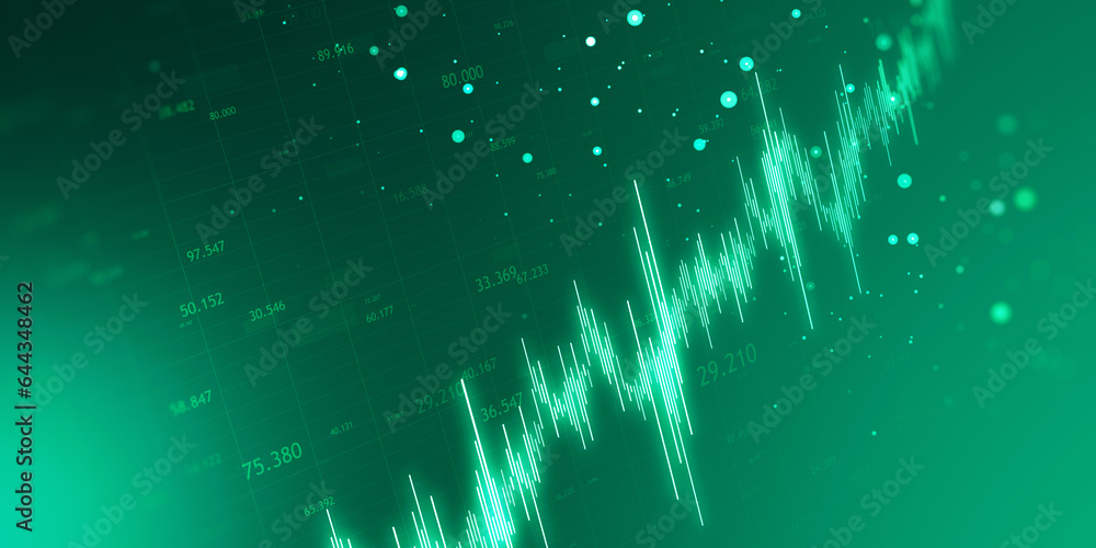 Aufkleber creative wide web landing page with glowing candlestick forex chart on blurry backdrop. trade, finan