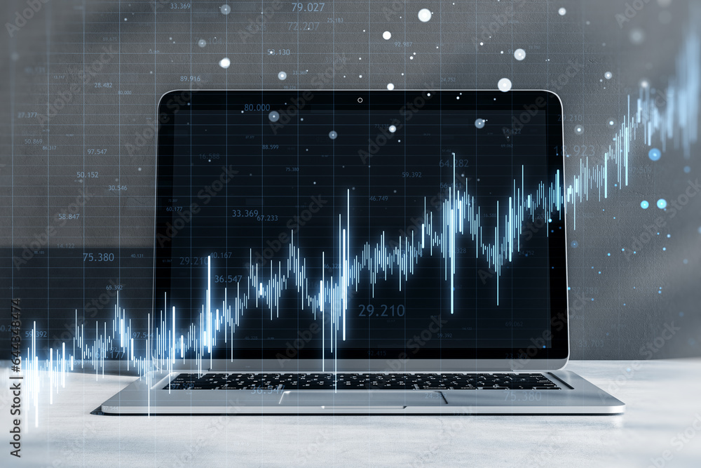 Poster Close up of laptop computer on desk with glowing candlestick forex chart on blurry background. Trade, finance and index concept. Double exposure.