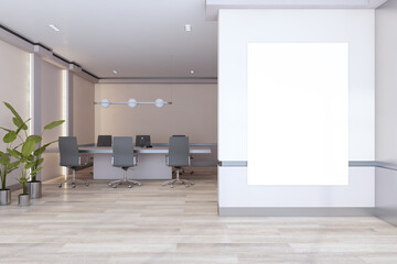 Modern office interior with furniture, wooden flooring and mock up poster on wall. 3D Rendering.