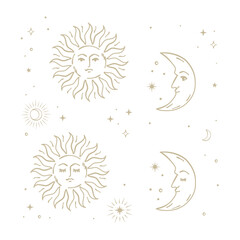 Gold  sun and crescent moon with face illustration set. Vector hand drawn mystical element.