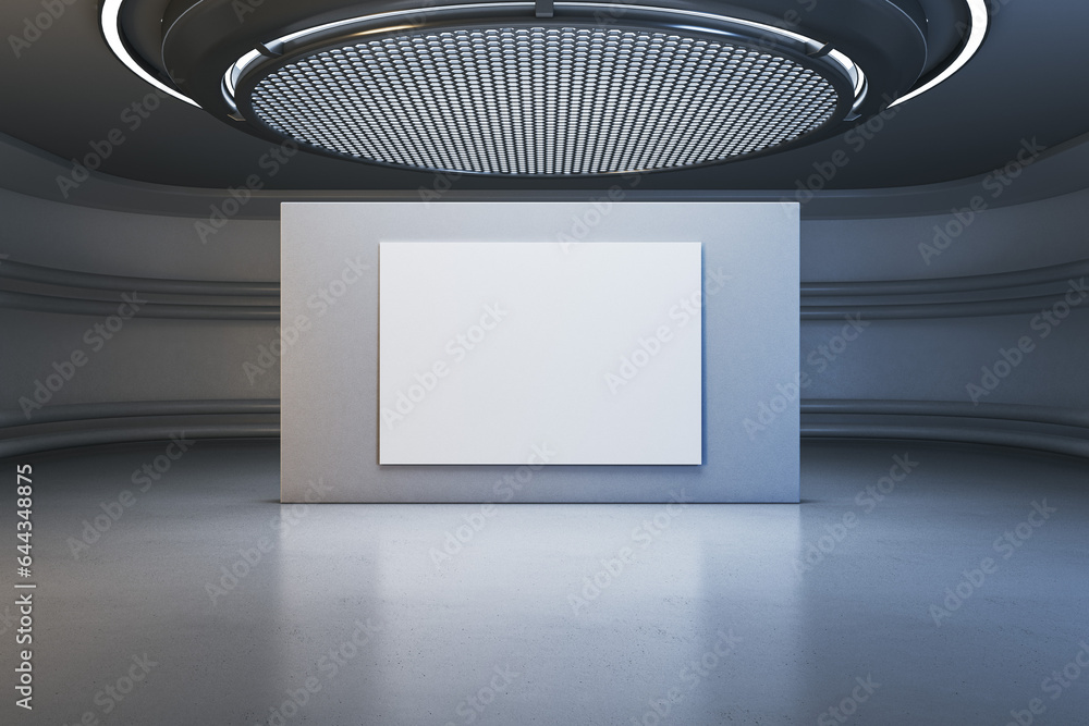Poster Modern dark futuristic interior with round ceiling and empty frame with mock up place. Grunge garage concept. 3D Rendering.