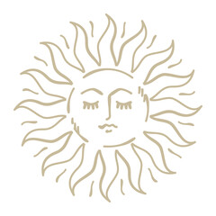 Gold sun illustration with face. closed eyes. Vector hand drawn mystical element.