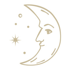 Gold crescent moon illustration with face. Vector hand drawn mystical element.