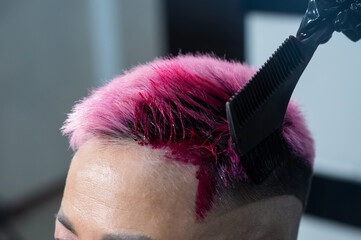 Close-up of the process. The hairdresser dyes the hair of an Asian woman in pink. Short extreme...