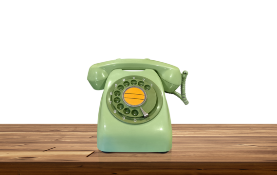 Green desk phone on a wooden table Isolated PNG transparent