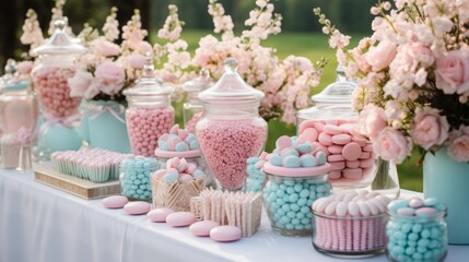 Photo of a colourful display of candy-filled glass jars on a table ready for a baby shower - created with Generative AI technology