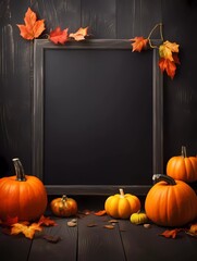 Autumn Halloween decorations signboard background. Pumpkins and autumn orange leafs on a dark background. Autumn Holiday Halloween. Generative AI