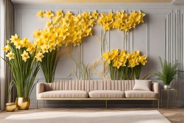 Stylish living room decor featuring wall art and flowers in the form of botanical bas-relief daffodils in spring.