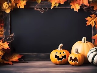 Fototapeta premium Autumn Halloween decorations signboard background. Pumpkins and autumn orange leafs on a dark background. Autumn Holiday Halloween. Generative AI