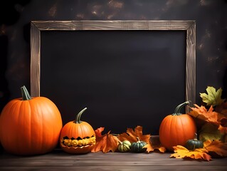Autumn Halloween decorations signboard background. Pumpkins and autumn orange leafs on a dark background. Autumn Holiday Halloween. Generative AI