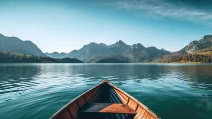 Wooden canoe on the lake with mountains in the background. Long exposure. AI generated Image - obrazy, fototapety, plakaty