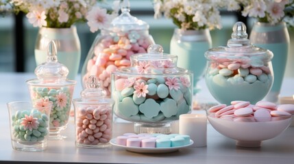 Photo of a colourful display of candy-filled glass jars on a table ready for a baby shower - created with Generative AI technology