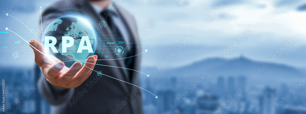 Poster rpa robotic process automation innovation technology concept. big data and business concept on virtu