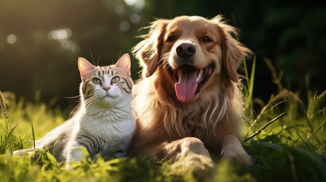 Golden Retriever and cat lying together in the grass at sunset. AI generated Image