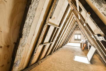 an attic that has been stripped down and is being used as a new home for the roof will be replaced