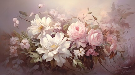 Digital painting of a bouquet of flowers in pastel tones.
