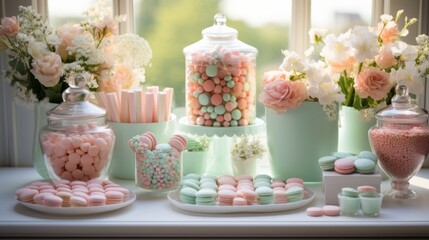 Obraz premium Photo of a colourful display of candy-filled glass jars on a table ready for a baby shower - created with Generative AI technology