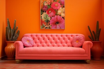 Pink sofa with 2 pillows in an orange room. Generative AI