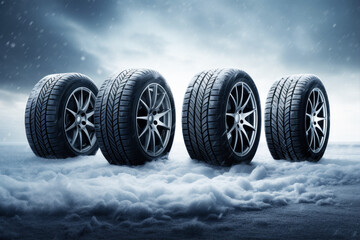 Wheels with winter tires ready for winter with snow and all difficult weather conditions - obrazy, fototapety, plakaty